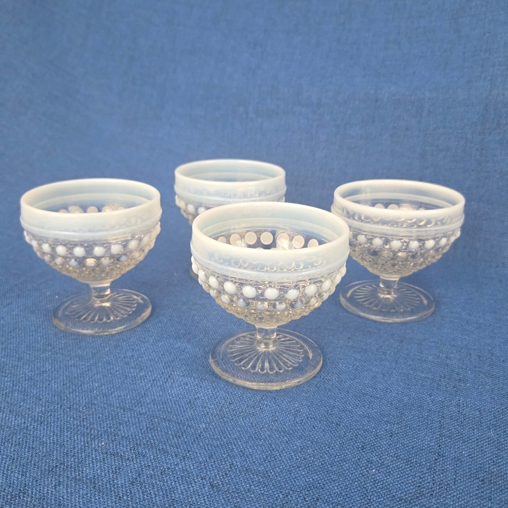 Depression Glass Anchor Hocking Moonstone Hobnail Sherbet Dessert Cups Set of 4